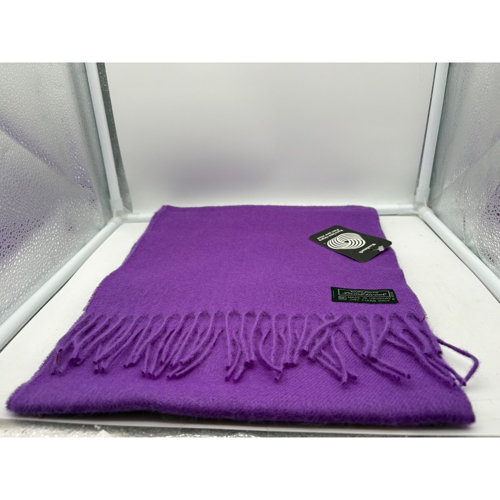 vtg dark purple Lambswool Fringe Scarf Made in Uruguay Woolmark Dry Clean Only